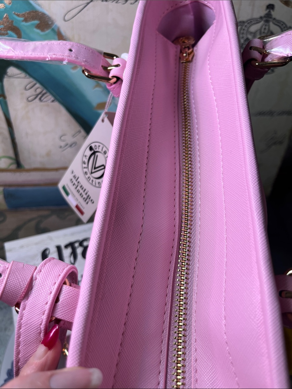 Valentino Orlandi Pastel Pink Tote with Matching Pouch and Gold Accent V charm - Picture 10 of 16